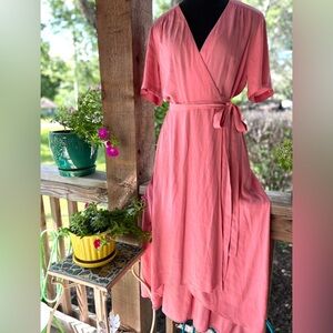 Wayf Pink Feminine Cottage-Core High Low Full Skirt Short Sleeve Wrap Dress